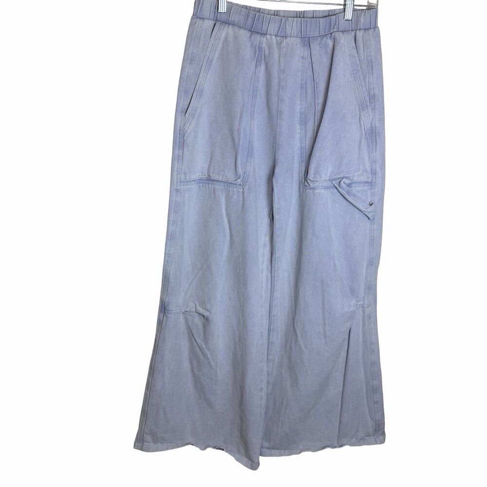 Soft Denim Wide Leg Utility Pants Pale Blue Pull On Elastic Waist Casual Medium